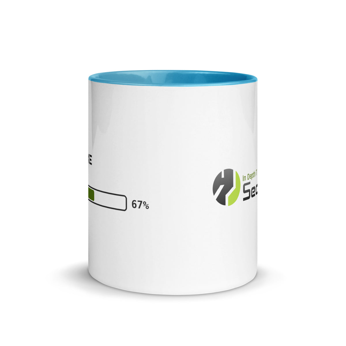 SecNews Coffee.exe Mug (Cyan Inside) in 11 oz, front view, with green Coffee.exe progress-bar print with the SecNews logo