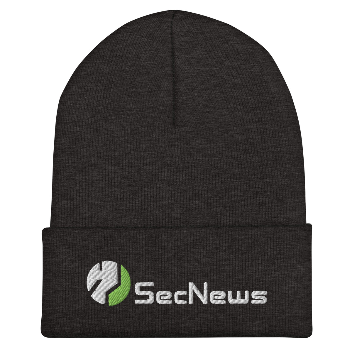 SecNews Embroidered Beanie in Dark Grey, front view, with embroidered SecNews logo in white and green thread