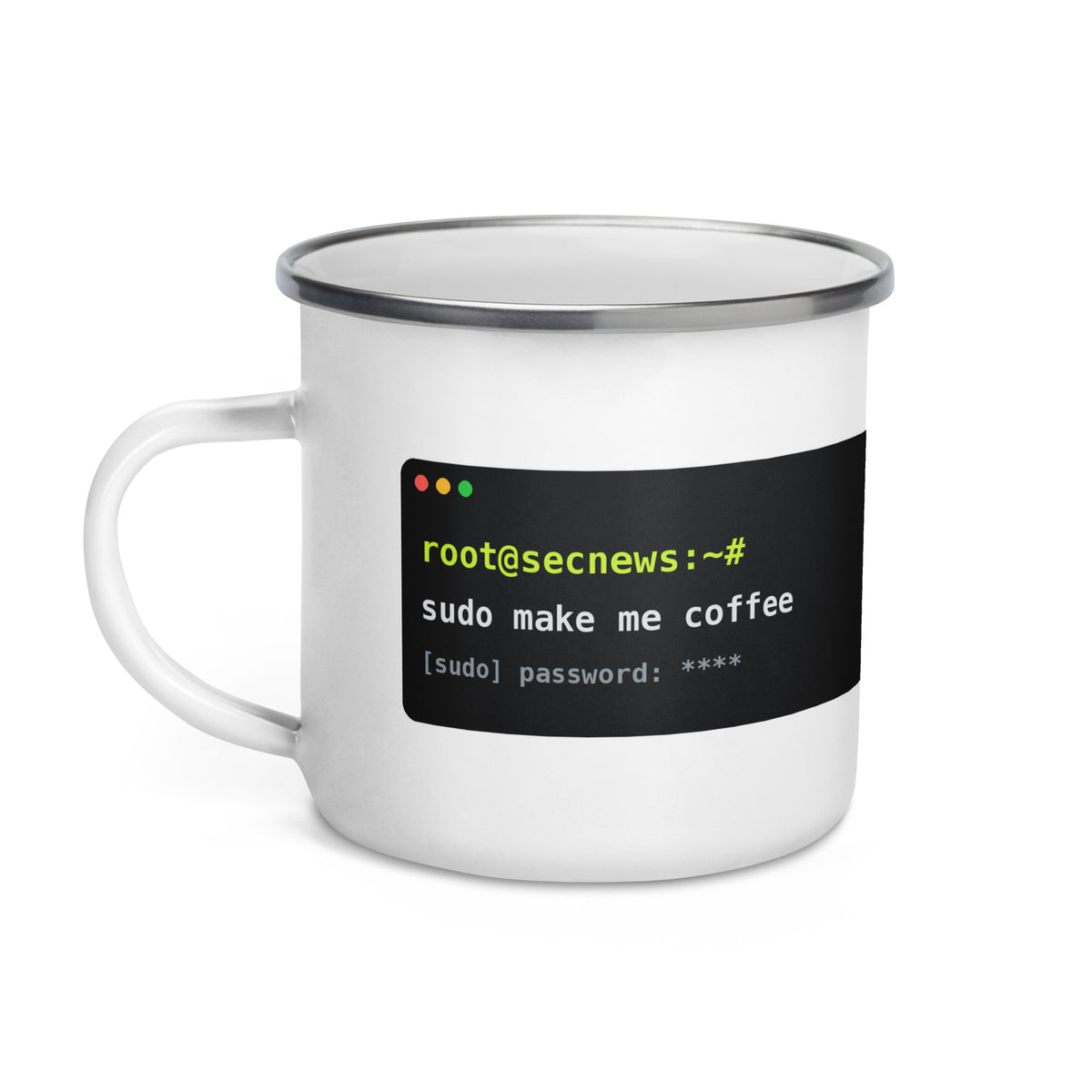 SecNews root@ Enamel Mug, left view, with root@secnews terminal print in green with the SecNews logo