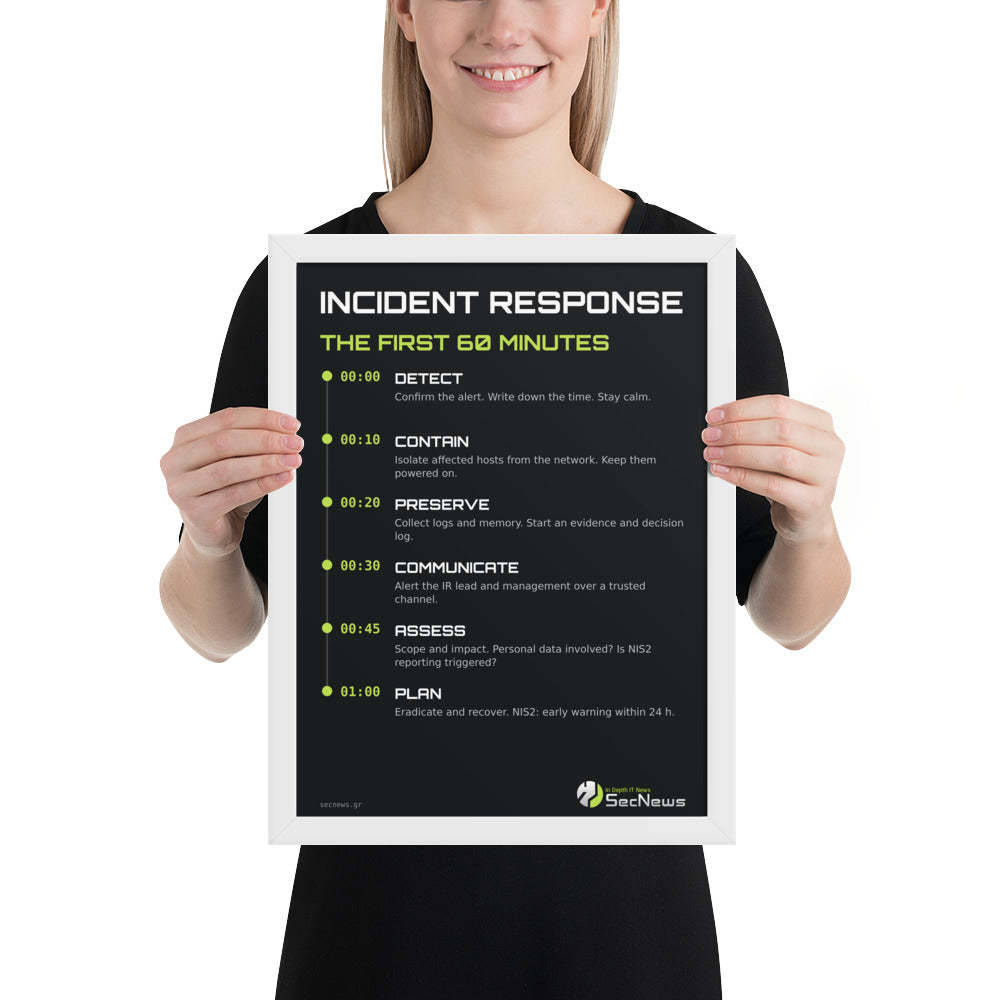 Incident Response First 60 Minutes Framed Poster in White, person view, with Incident Response First 60 Minutes checklist poster in green and white