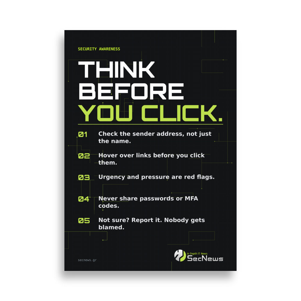 Think Before You Click Security Awareness Poster in 50×70 cm, front view, with "Think Before You Click" security awareness poster in green and white