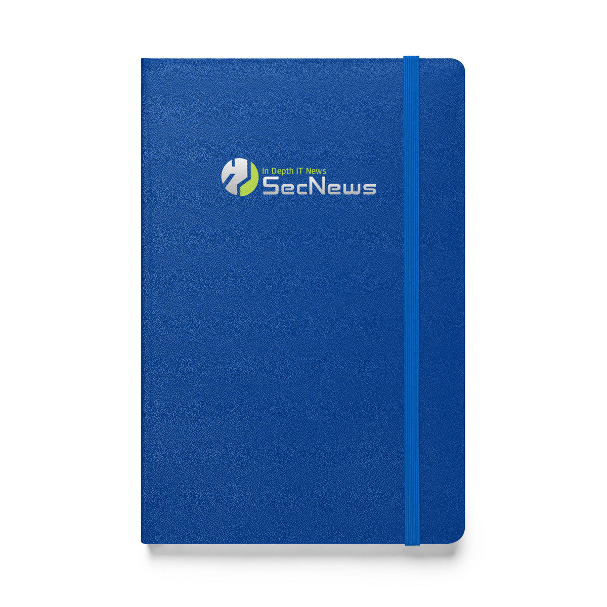 SecNews Elite Hardcover Notebook in Blue, front view, with SecNews "In Depth IT News" logo on the cover