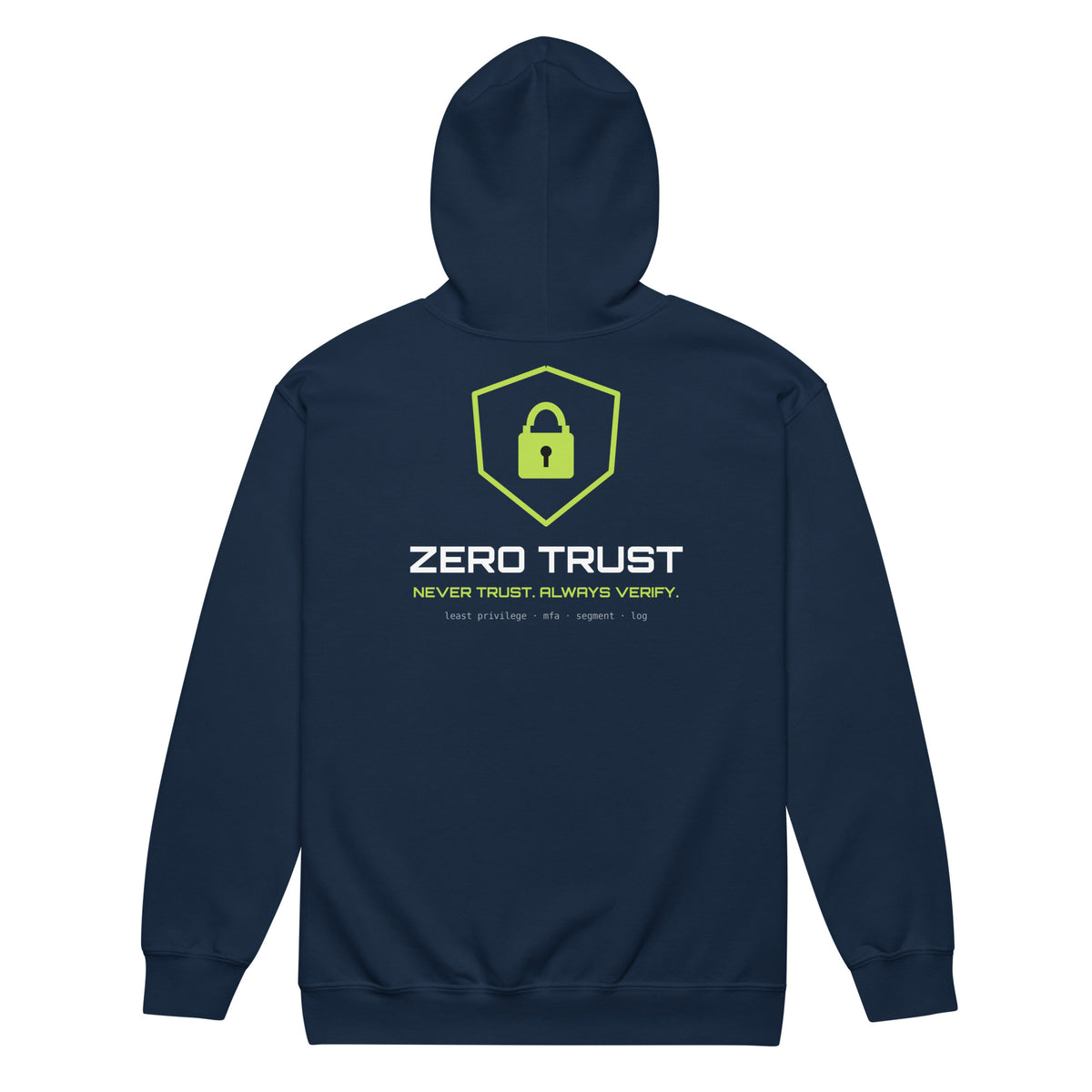 SecNews Zero Trust Zip Hoodie in Navy, back view, with SecNews logo on the chest and green "Zero Trust" shield print on the back