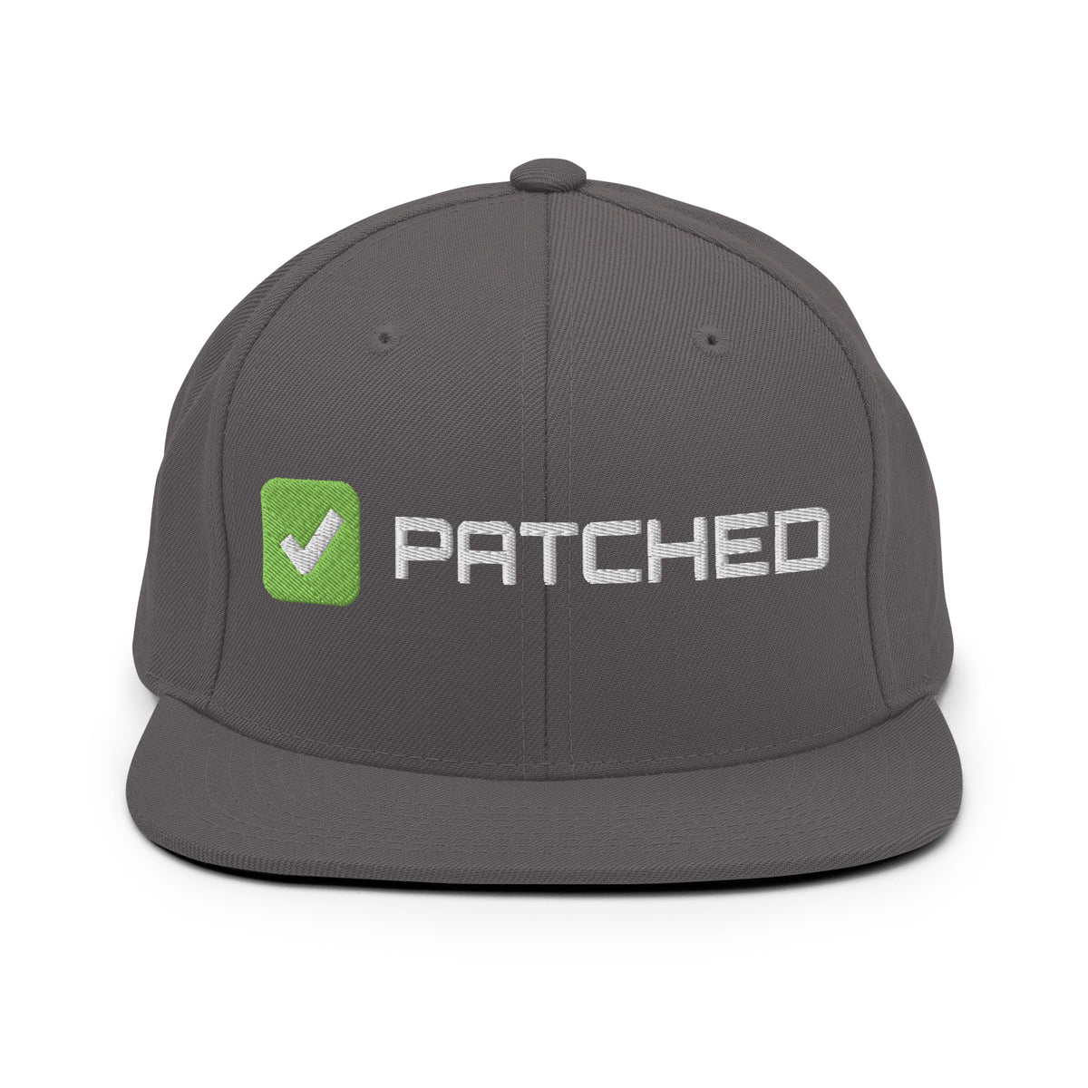 SecNews Patched Embroidered Snapback in Dark Grey, front view, with embroidered green "PATCHED" checkbox design