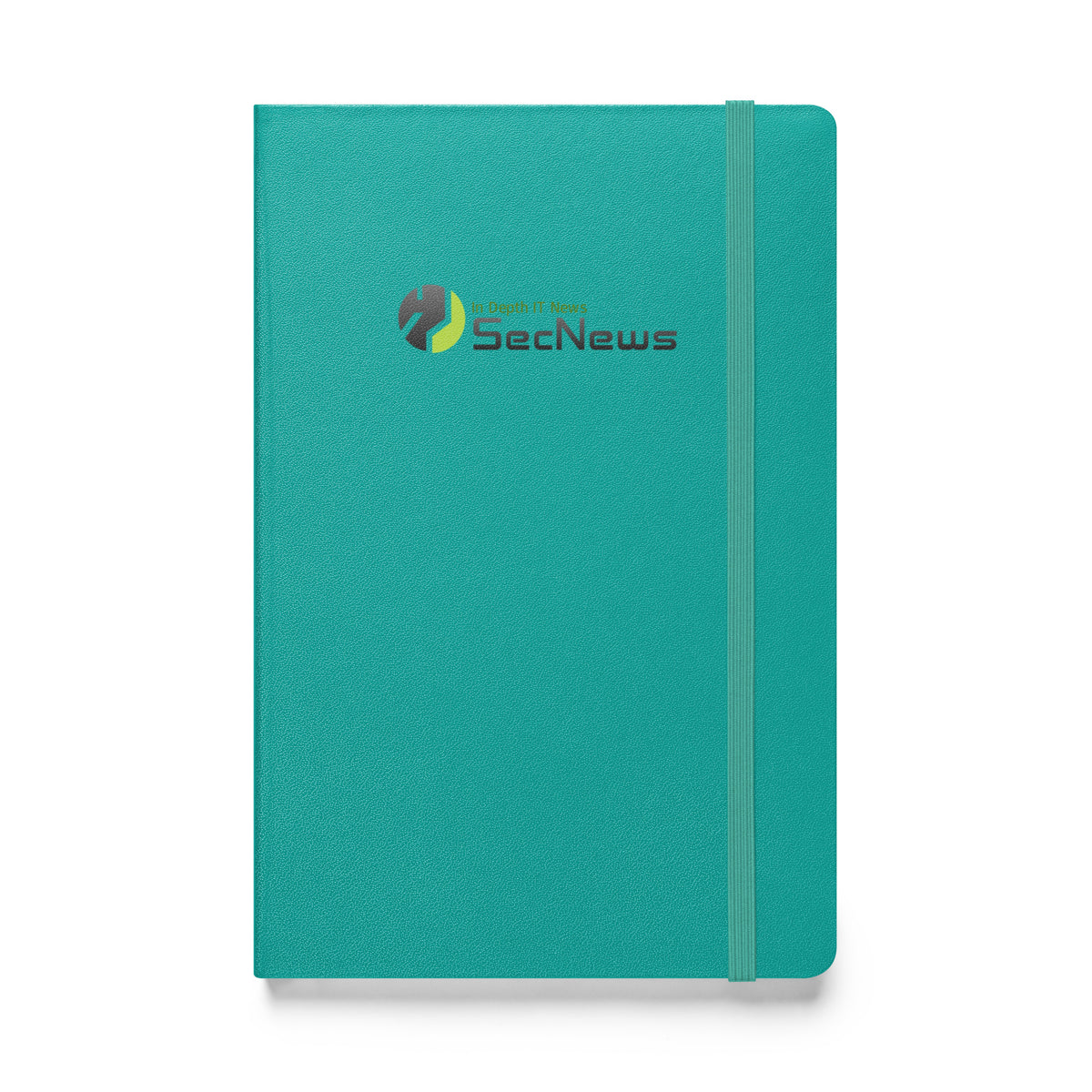 SecNews Elite Hardcover Notebook in Turquoise, front view, with SecNews "In Depth IT News" logo on the cover