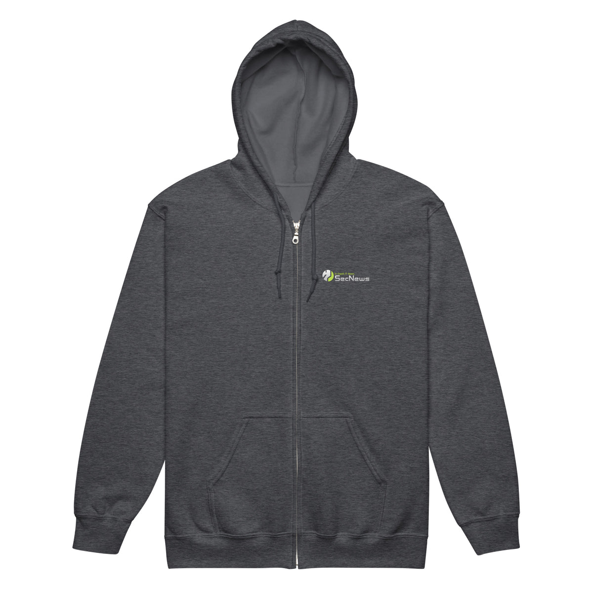SecNews Zero Trust Zip Hoodie in Dark Heather, front view, with SecNews logo on the chest and green "Zero Trust" shield print on the back