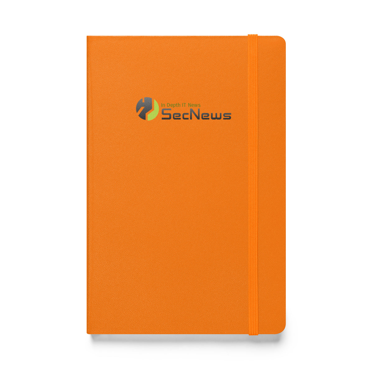 SecNews Elite Hardcover Notebook in Orange, front view, with SecNews "In Depth IT News" logo on the cover