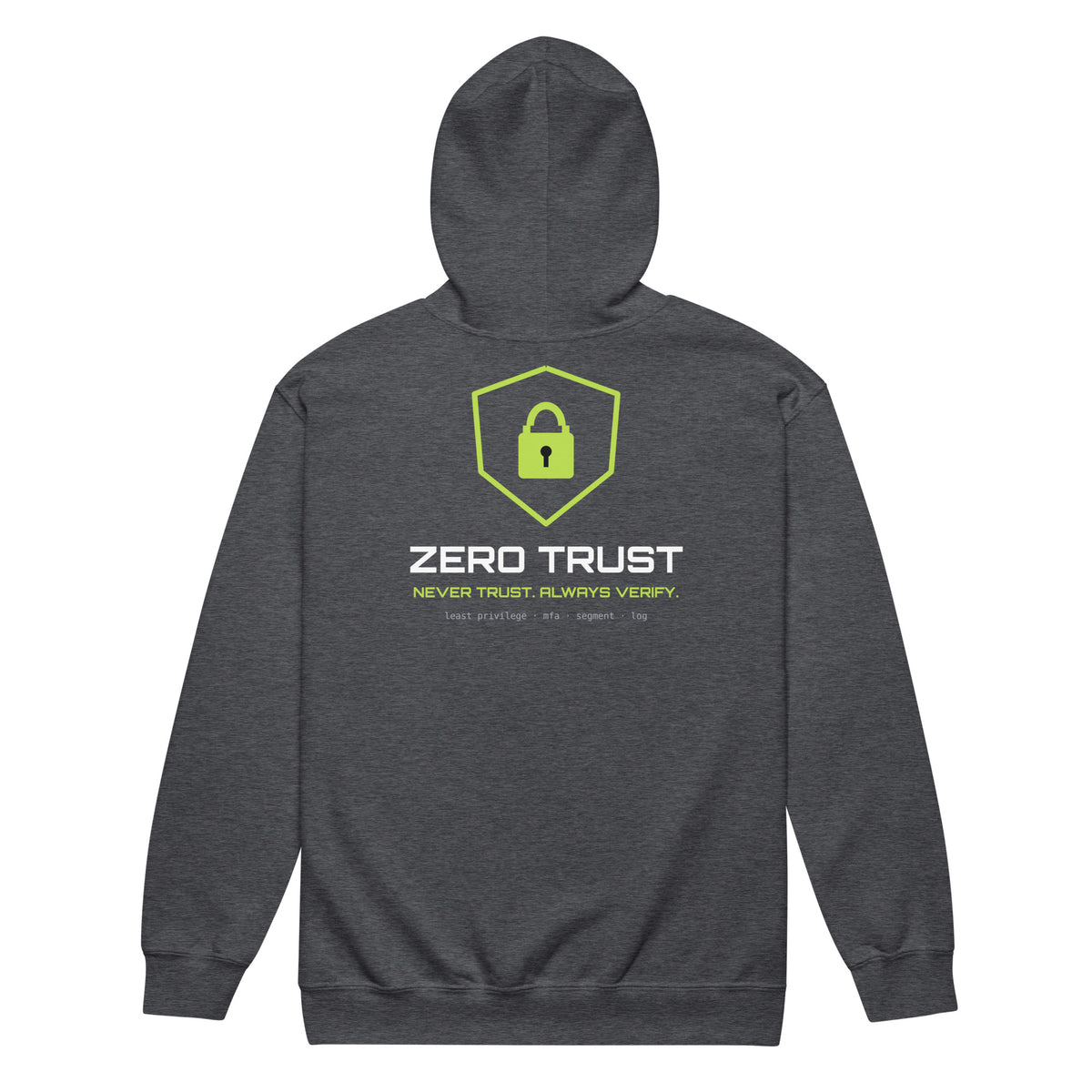 SecNews Zero Trust Zip Hoodie in Dark Heather, back view, with SecNews logo on the chest and green "Zero Trust" shield print on the back