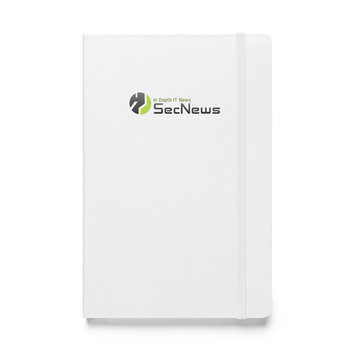 SecNews Elite Hardcover Notebook in White, front view, with SecNews "In Depth IT News" logo on the cover