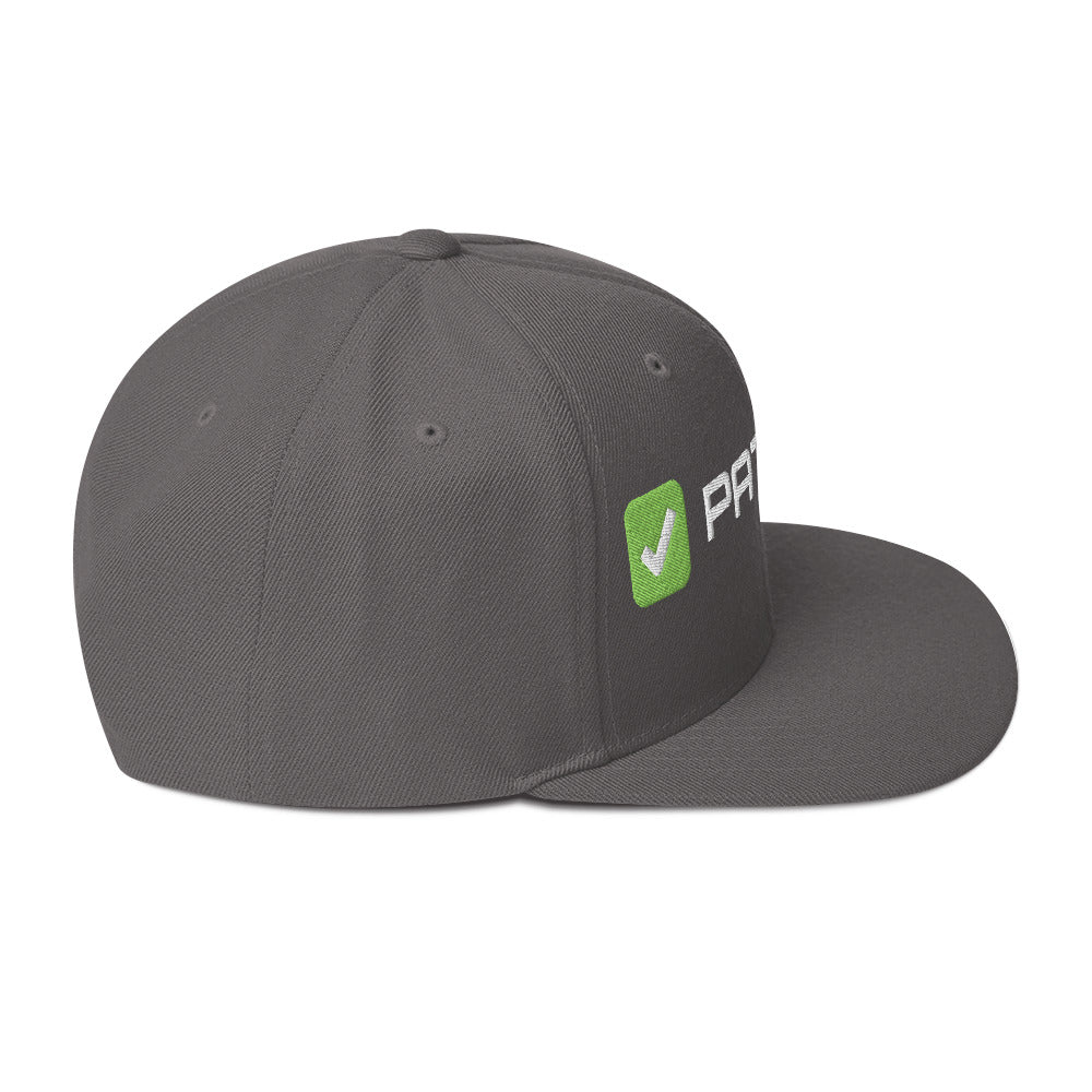 SecNews Patched Embroidered Snapback in Dark Grey, right side view, with embroidered green "PATCHED" checkbox design