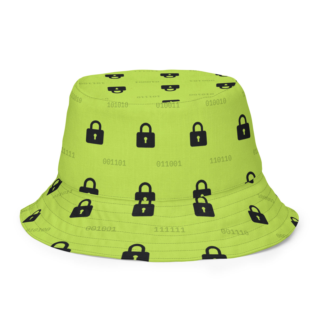Reversible bucket hat with green padlocks and binary on black, and black padlocks on green inside (white back inside view)