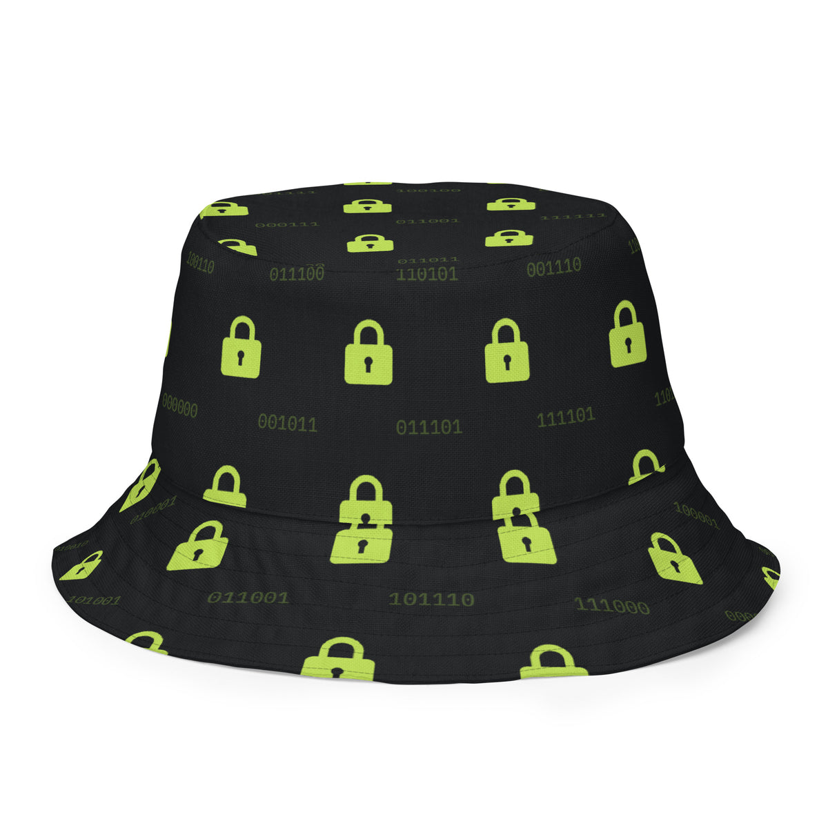 Reversible bucket hat with green padlocks and binary on black, and black padlocks on green inside (white front outside view)