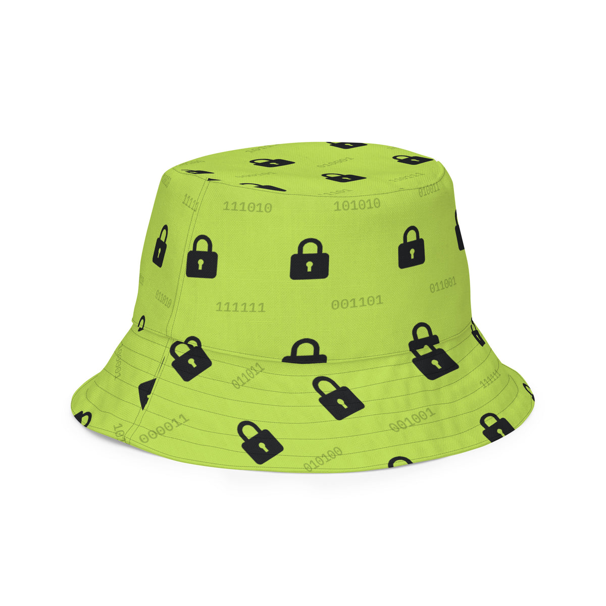 Reversible bucket hat with green padlocks and binary on black, and black padlocks on green inside (white right front inside view)