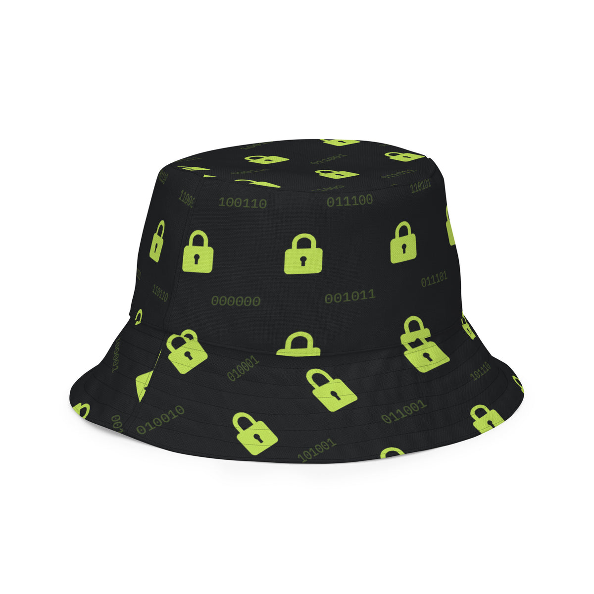 Reversible bucket hat with green padlocks and binary on black, and black padlocks on green inside (white right front outside view)