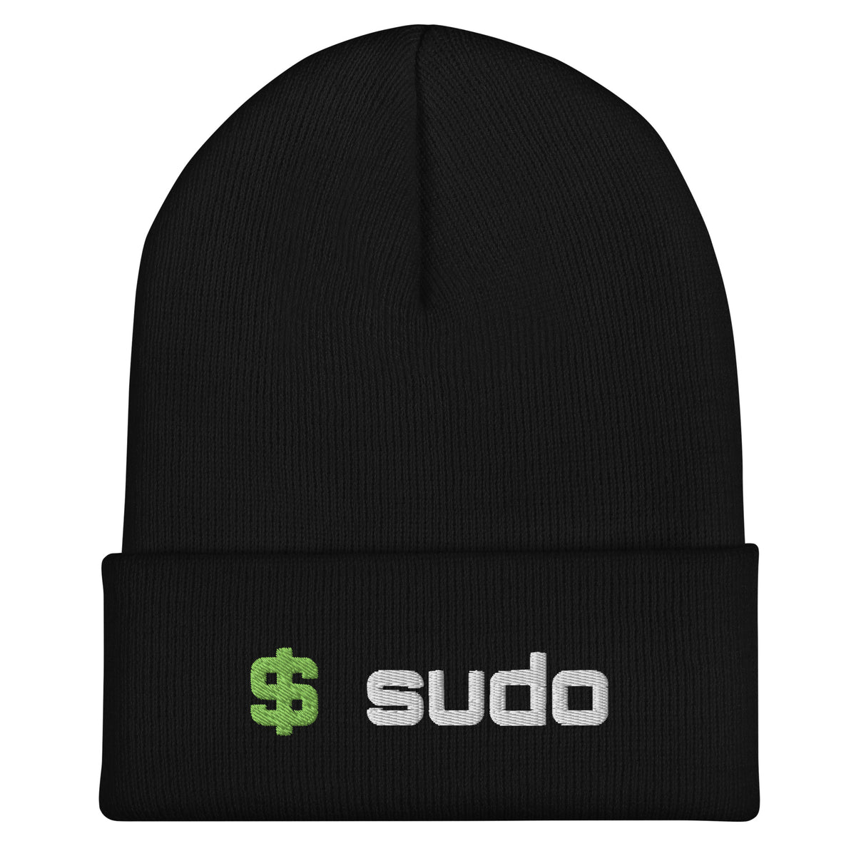 SecNews Embroidered Beanie, embroidery_front view, with embroidered "$ sudo" in white and green thread