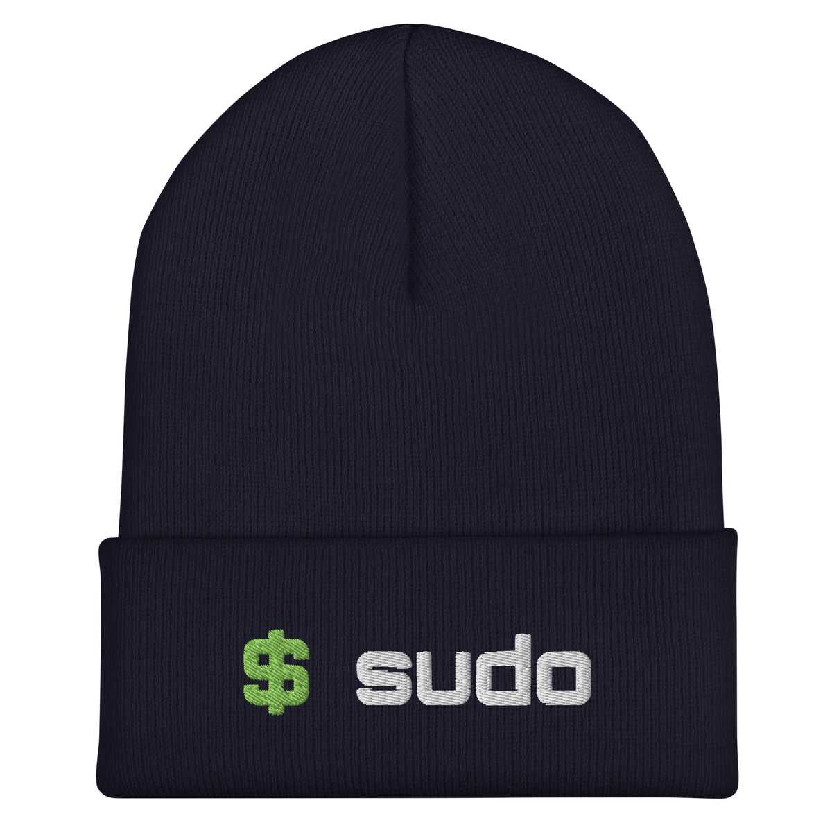 SecNews Embroidered Beanie, embroidery_front view, with embroidered "$ sudo" in white and green thread