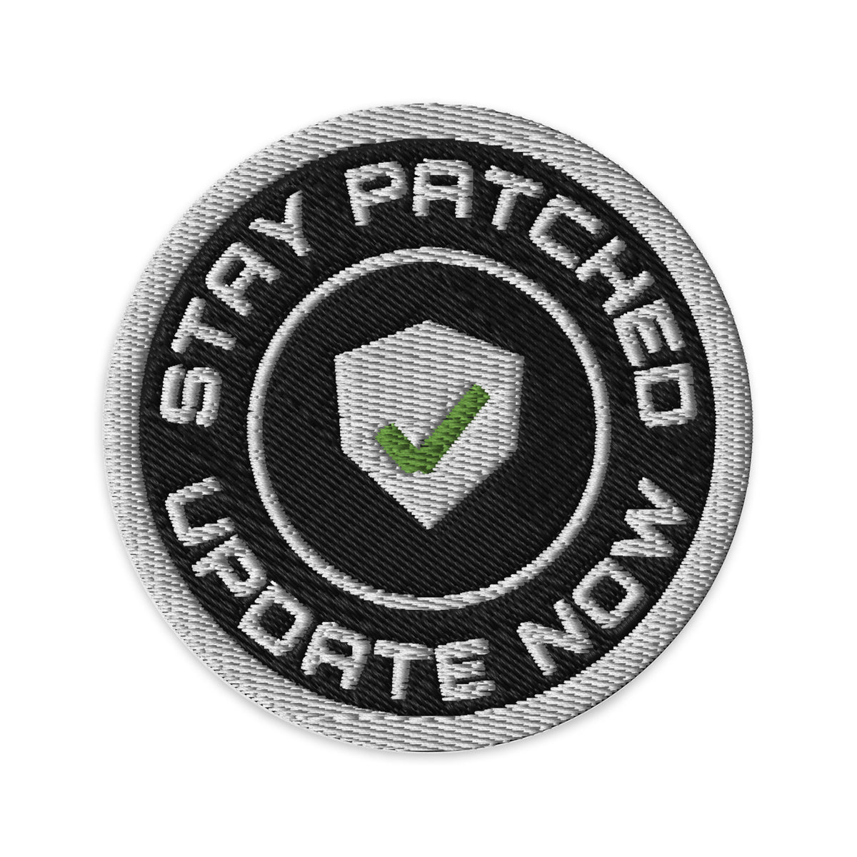 SecNews Stay Patched Embroidered Patch, embroidery_patch_front view, with "Stay Patched / Update Now" ring with a shield and check