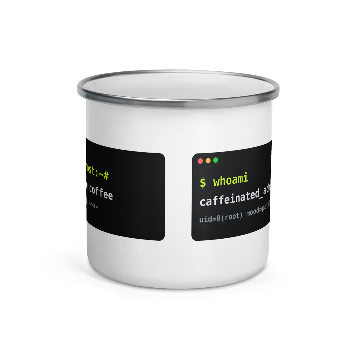SecNews root@ Enamel Mug, front view, with two terminal windows: sudo make me coffee and whoami