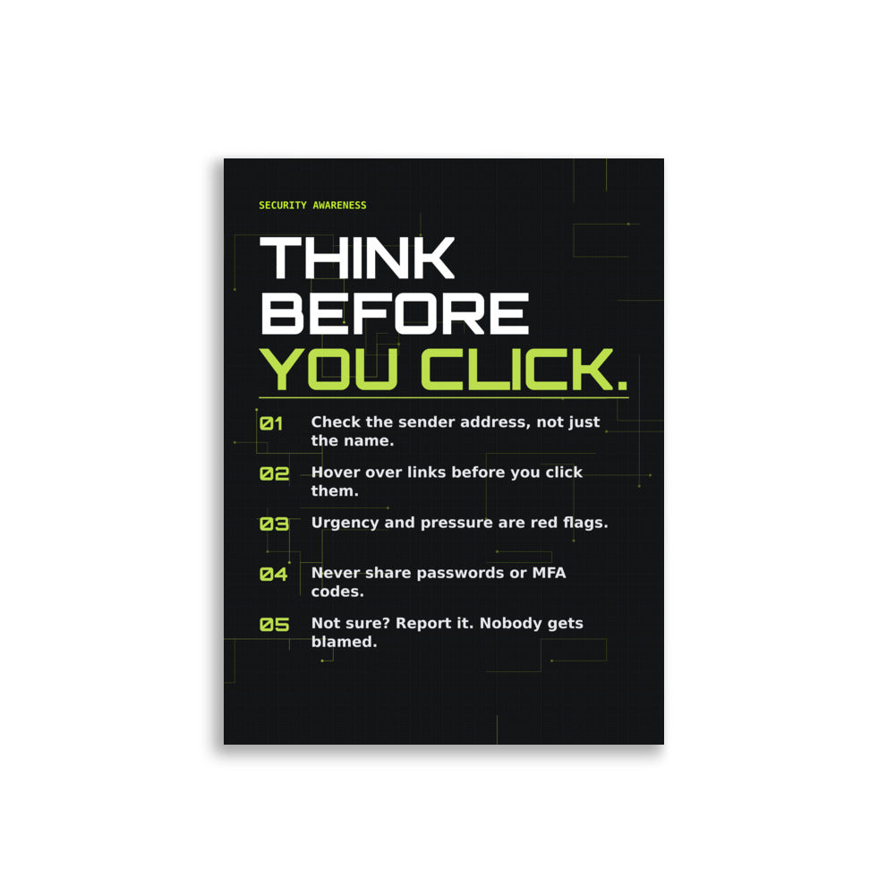 Think Before You Click Security Awareness Poster, default view, with "Think Before You Click" phishing awareness checklist