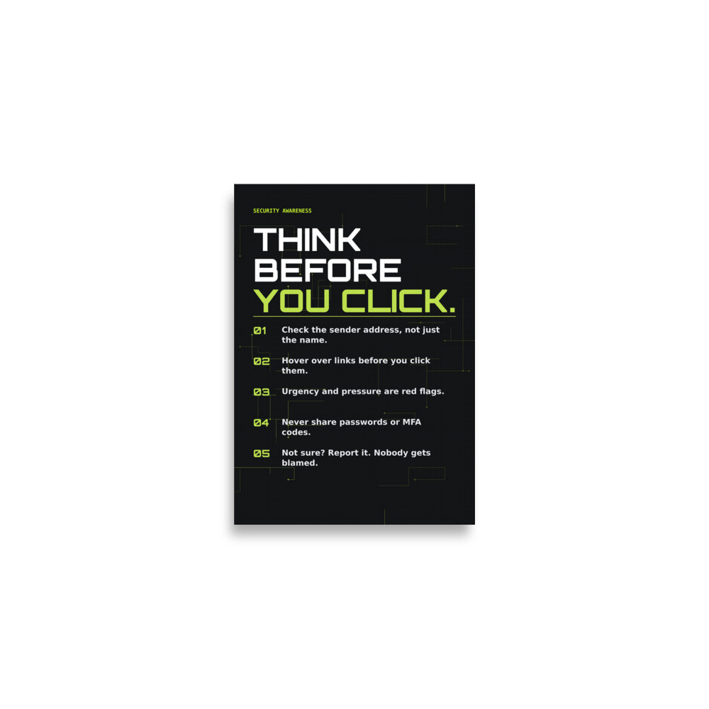 Think Before You Click Security Awareness Poster, default view, with "Think Before You Click" phishing awareness checklist