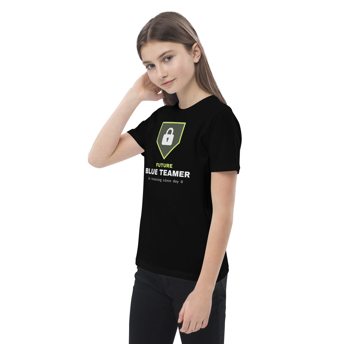 Kids organic t-shirt with a green padlock shield and the text 'Future Blue Teamer, in training since day 0' (black left front view)