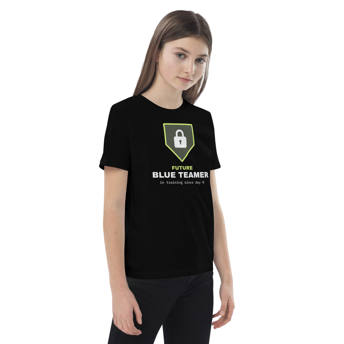 Kids organic t-shirt with a green padlock shield and the text 'Future Blue Teamer, in training since day 0' (black right front view)