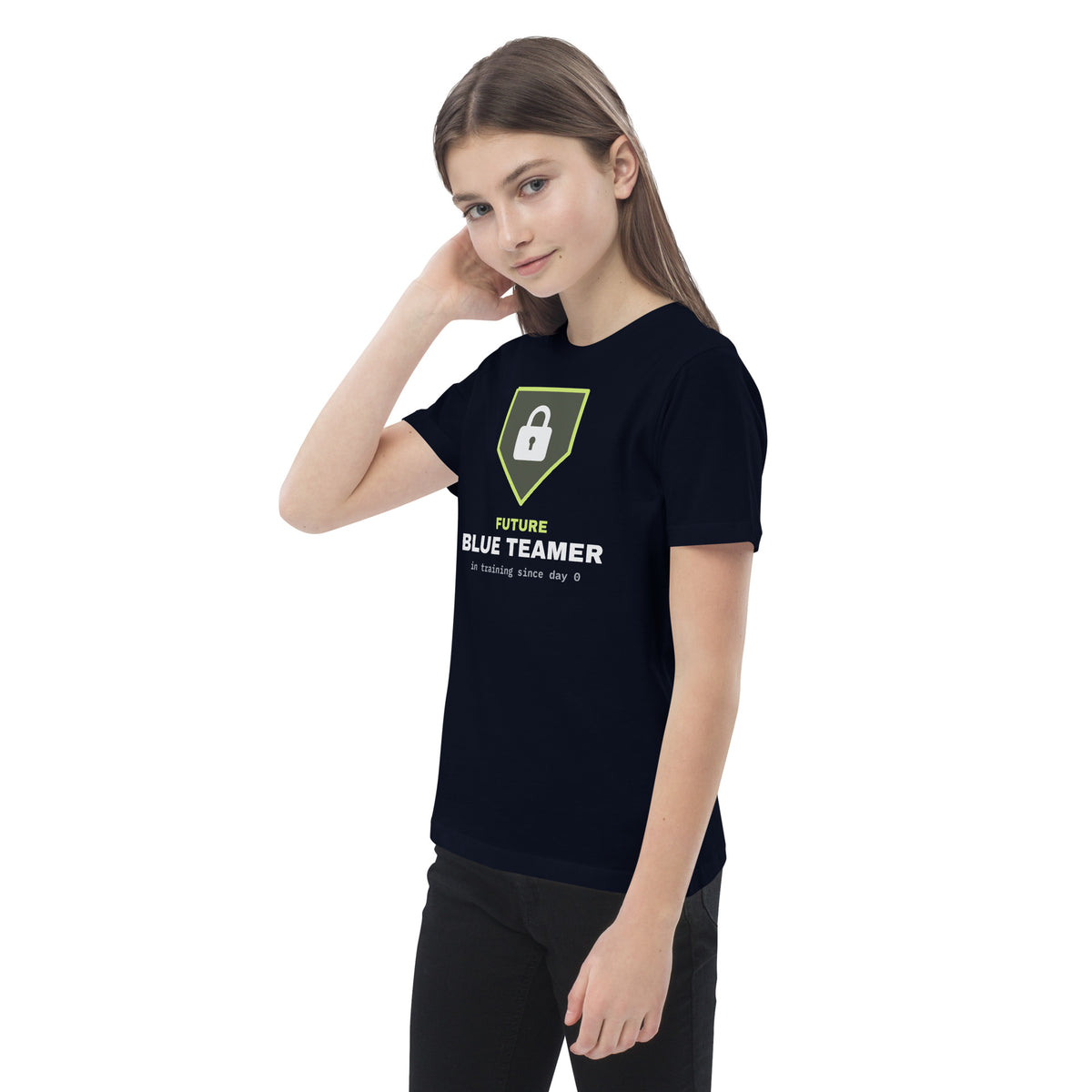 Kids organic t-shirt with a green padlock shield and the text 'Future Blue Teamer, in training since day 0' (french navy left front view)