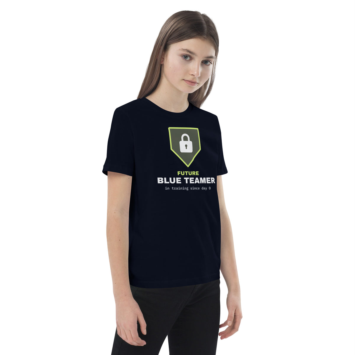 Kids organic t-shirt with a green padlock shield and the text 'Future Blue Teamer, in training since day 0' (french navy right front view)