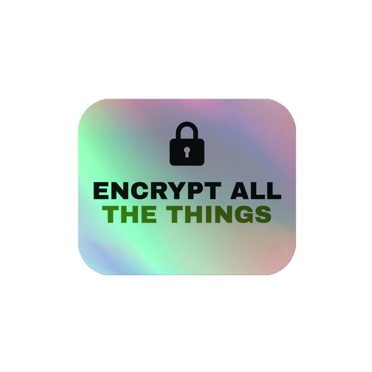 Holographic sticker with a padlock and the text 'Encrypt All The Things' (grey 4×4 front view)