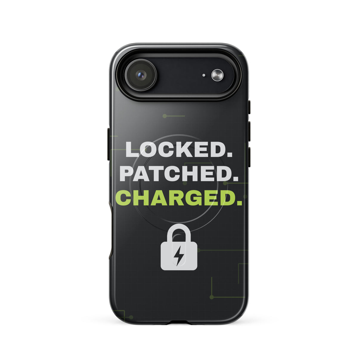 Black iPhone MagSafe tough case with 'Locked. Patched. Charged.' and a lightning-bolt padlock (glossy iPhone 17 Air front view)