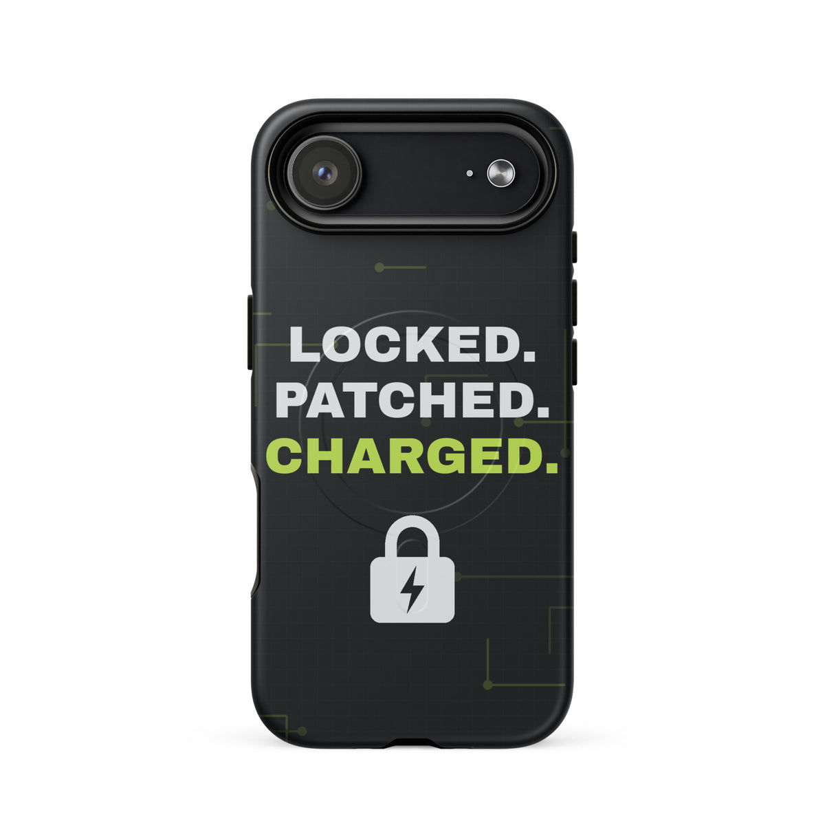 Black iPhone MagSafe tough case with 'Locked. Patched. Charged.' and a lightning-bolt padlock (matte iPhone 17 Air front view)