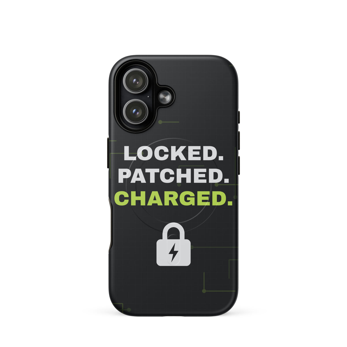 Black iPhone MagSafe tough case with 'Locked. Patched. Charged.' and a lightning-bolt padlock (matte iPhone 17 front view)
