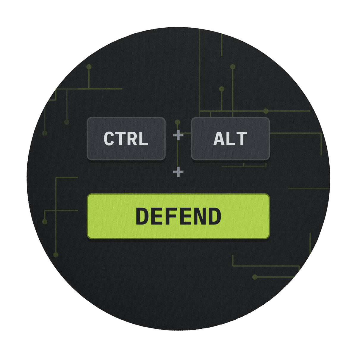 Round mouse pad with CTRL + ALT + DEFEND keyboard keys on a dark circuit-board background (white)