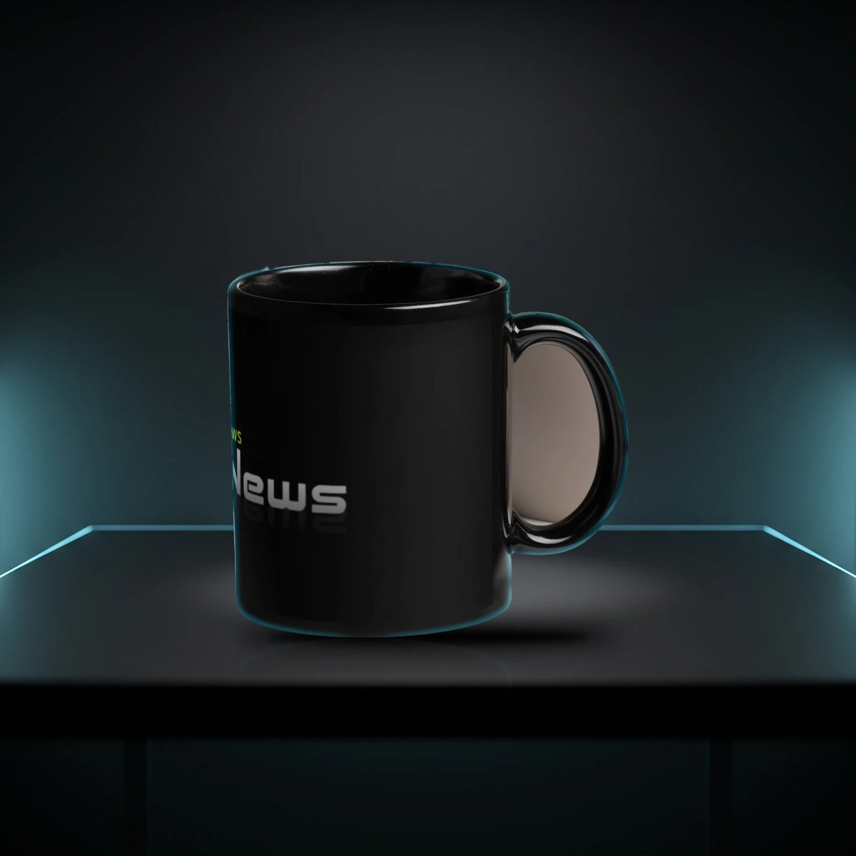 SecNews Cyber black glossy 11 oz mug with the SecNews logo, on a dark desk with cyan rim light
