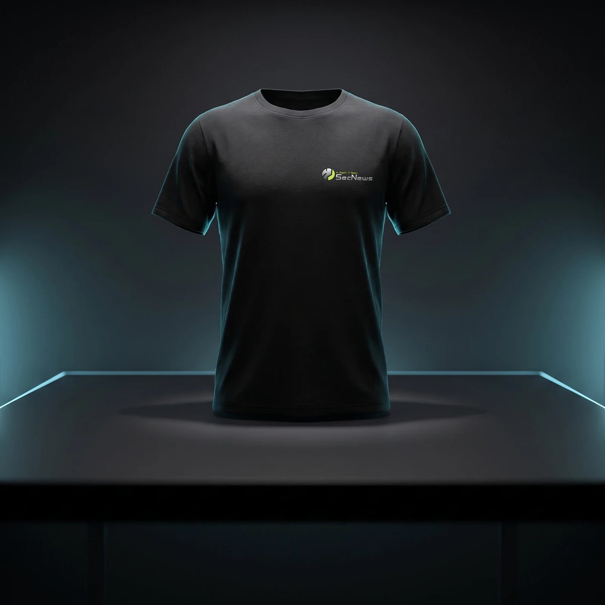 SecNews Signature unisex tee in black with the SecNews "In Depth IT News" logo on the left chest, shown on a dark desk with cyan rim light