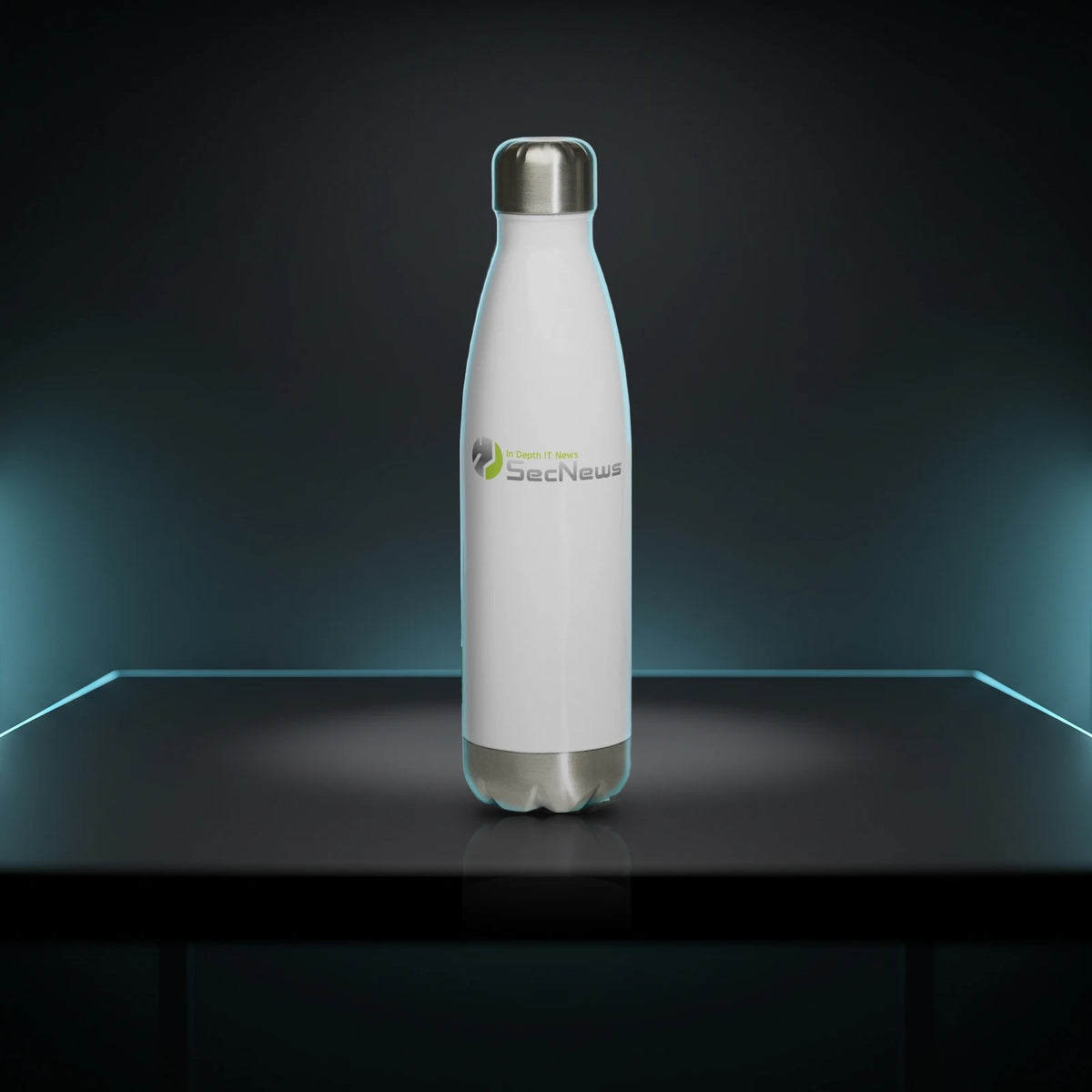 SecNews white stainless steel water bottle (17 oz) with the SecNews logo, on a dark desk with cyan rim light