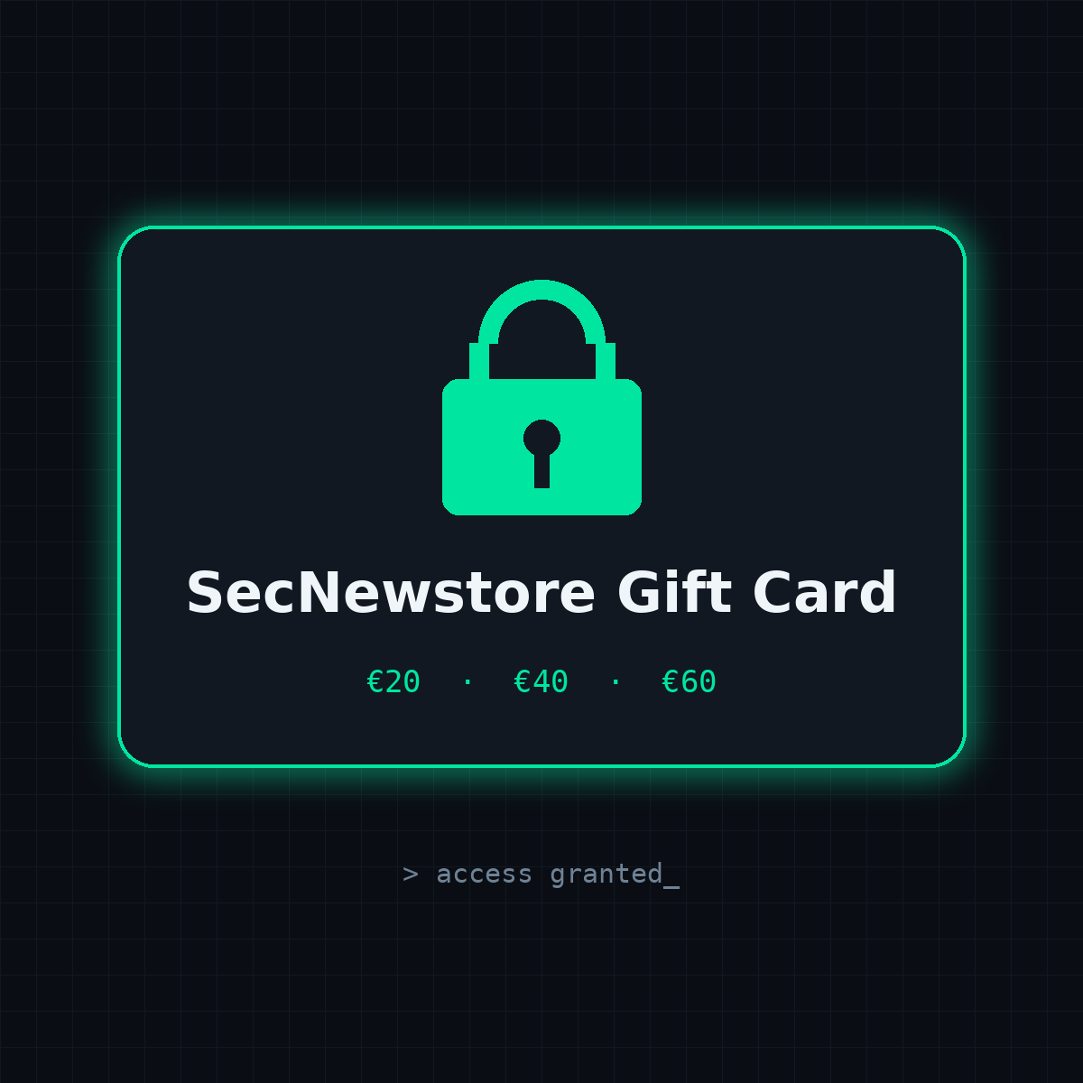 SecNewstore Gift Card with glowing padlock on a dark background