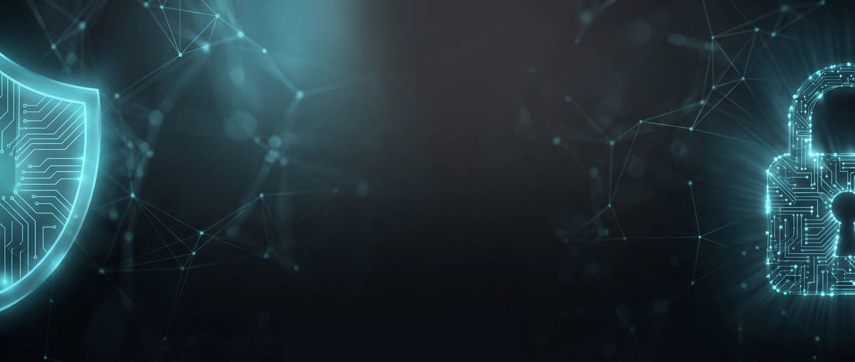 Dark cyber security background with glowing cyan shield and padlock