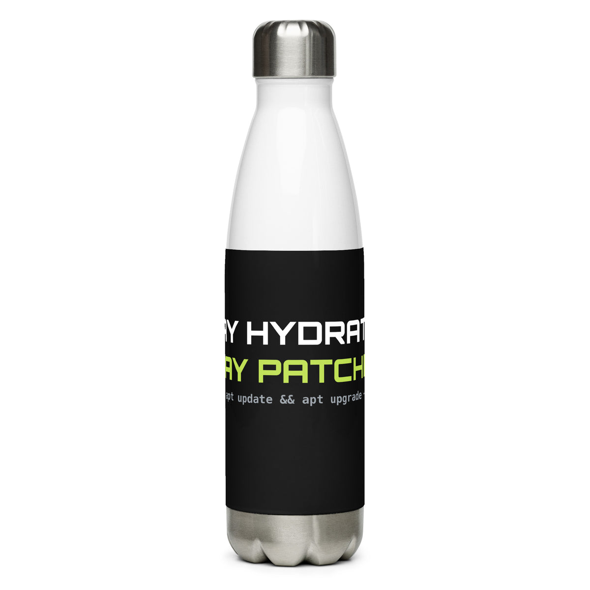SecNews Stainless Steel Hydration Bottle, default view, with "Stay hydrated. Stay patched." print