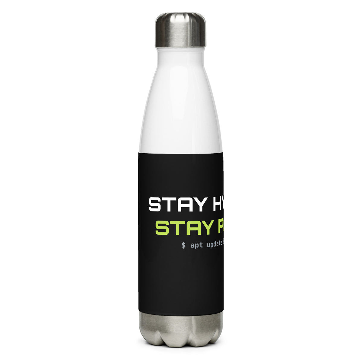 SecNews Stainless Steel Hydration Bottle, right view, with "Stay hydrated. Stay patched." print
