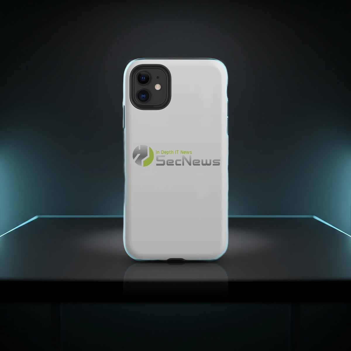 TechGuard tough case for iPhone, glossy white with the SecNews "In Depth IT News" logo, on a dark desk with cyan rim light
