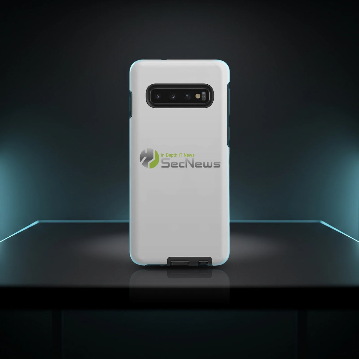 TechGuard tough case for Samsung Galaxy, glossy white with the SecNews "In Depth IT News" logo, on a dark desk with cyan rim light
