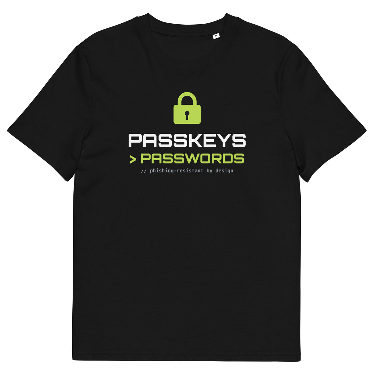 SecNews "Passkeys > Passwords" Organic Tee, front view, with padlock and "Passkeys > Passwords" print