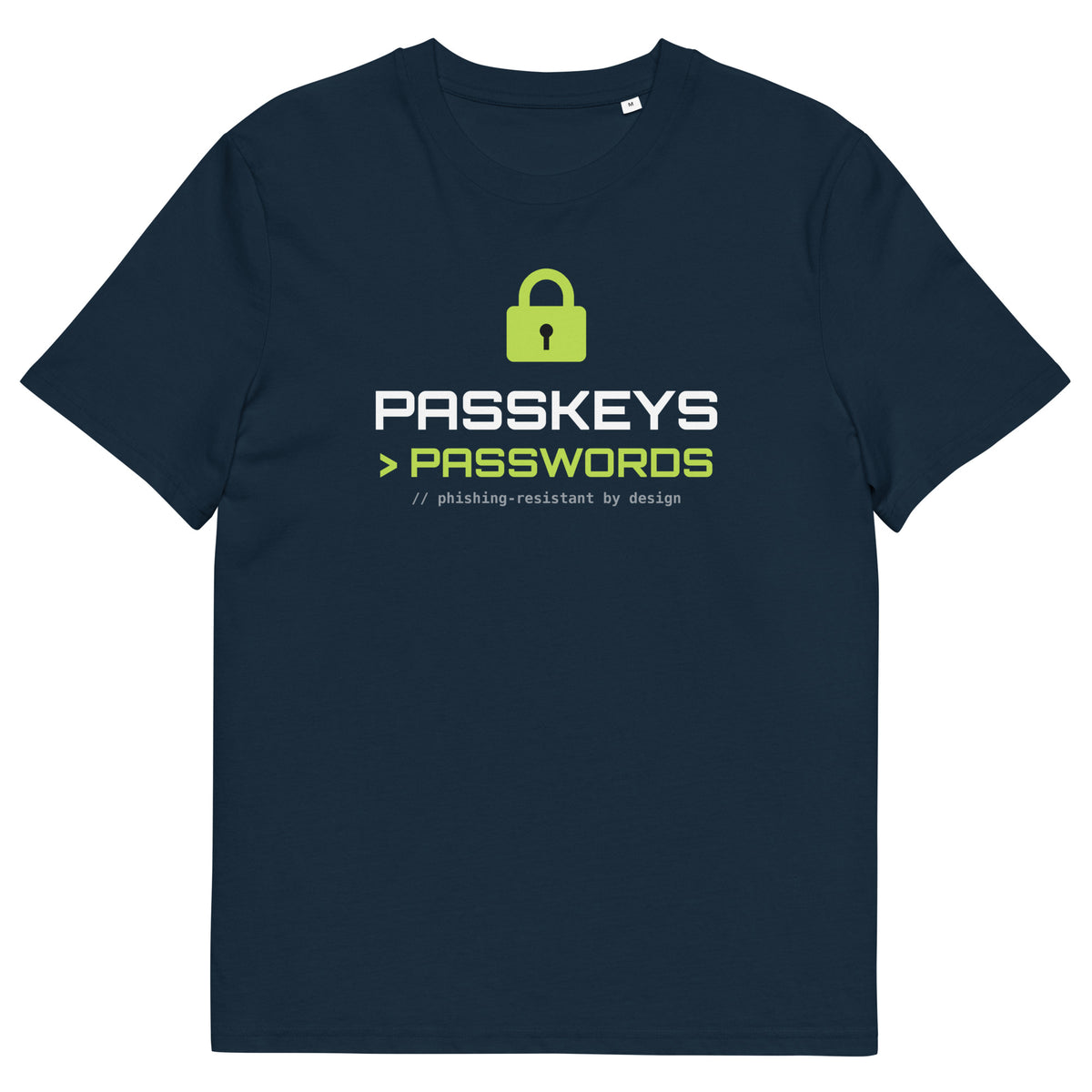 SecNews "Passkeys > Passwords" Organic Tee, front view, with padlock and "Passkeys > Passwords" print