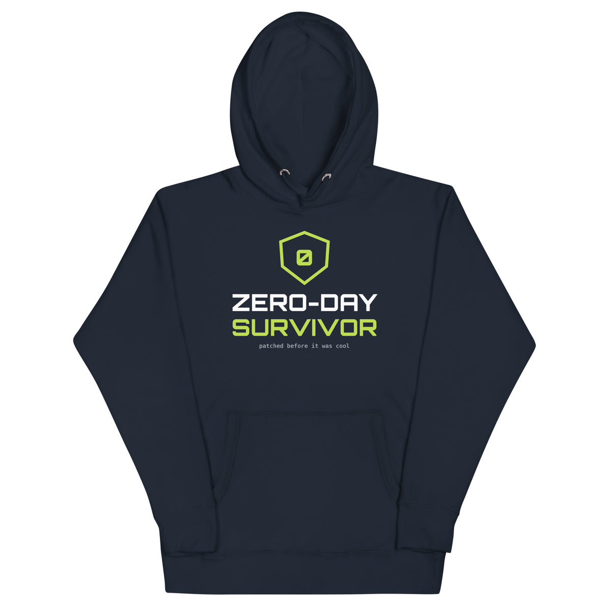 SecNews Cybertech Unisex Hoodie, front view, with "Zero-Day Survivor" shield print